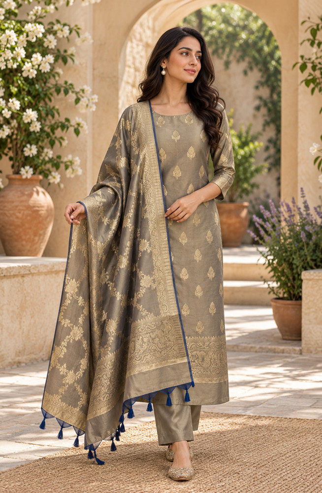 Image of Grey Chanderi Silk Unstitched Suit-Set with Beautiful Dupatta - SVACHN1312-3A