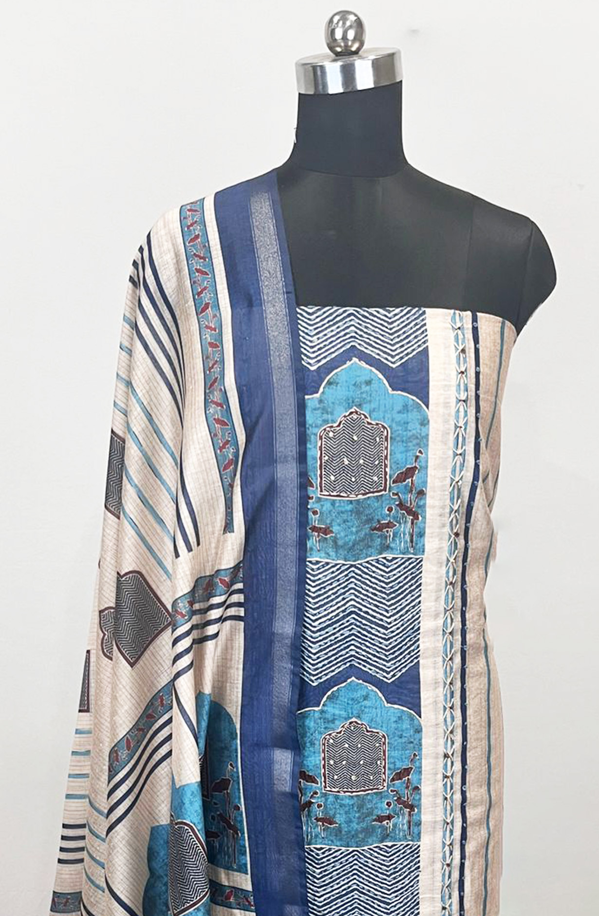 Blue Chanderi Unstitched Suit Set with Dupatta - 131-KE4157A