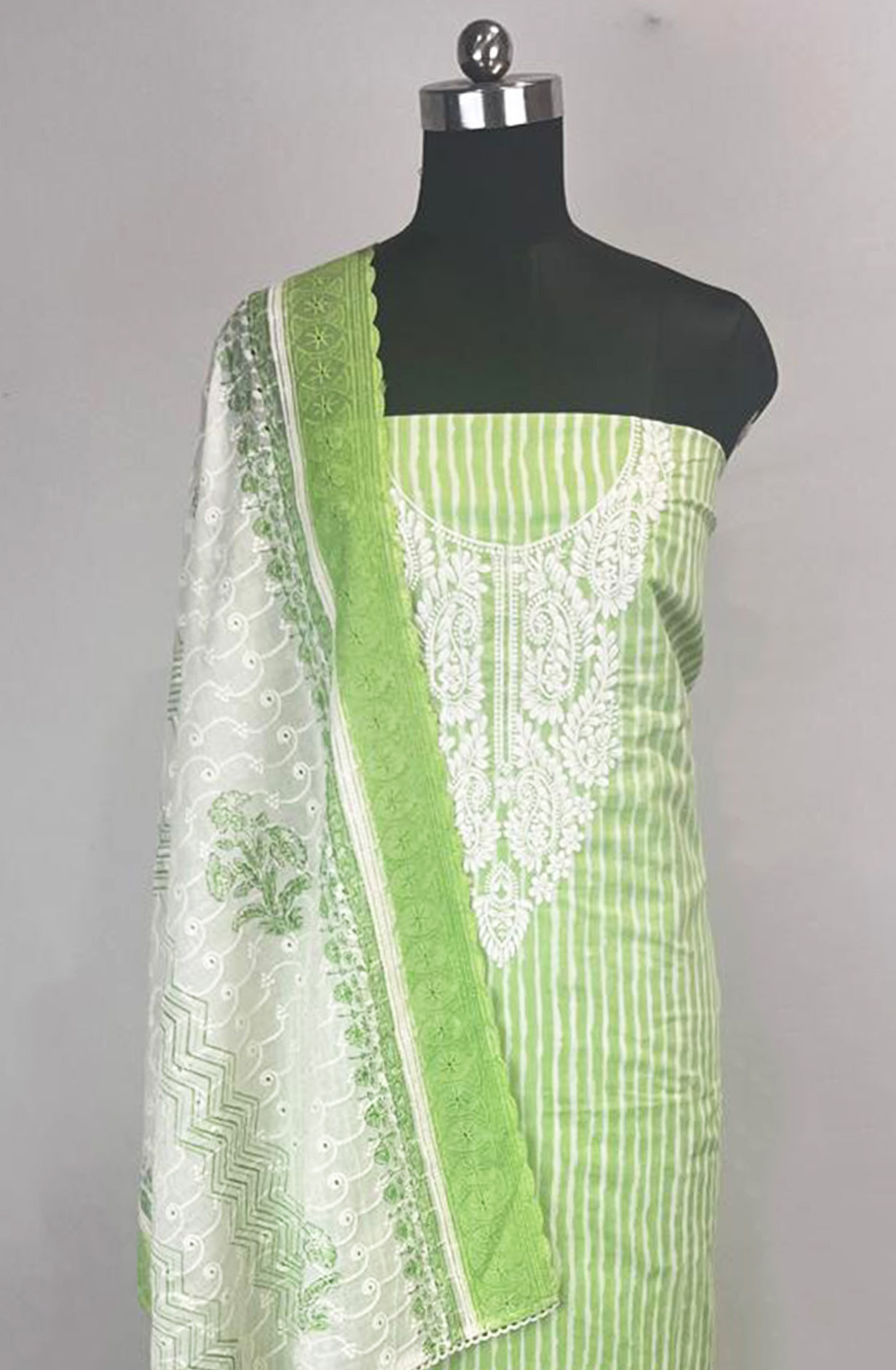 Green Printed Cotton Unstitched Suit Set with Dupatta - 983-5457-8C
