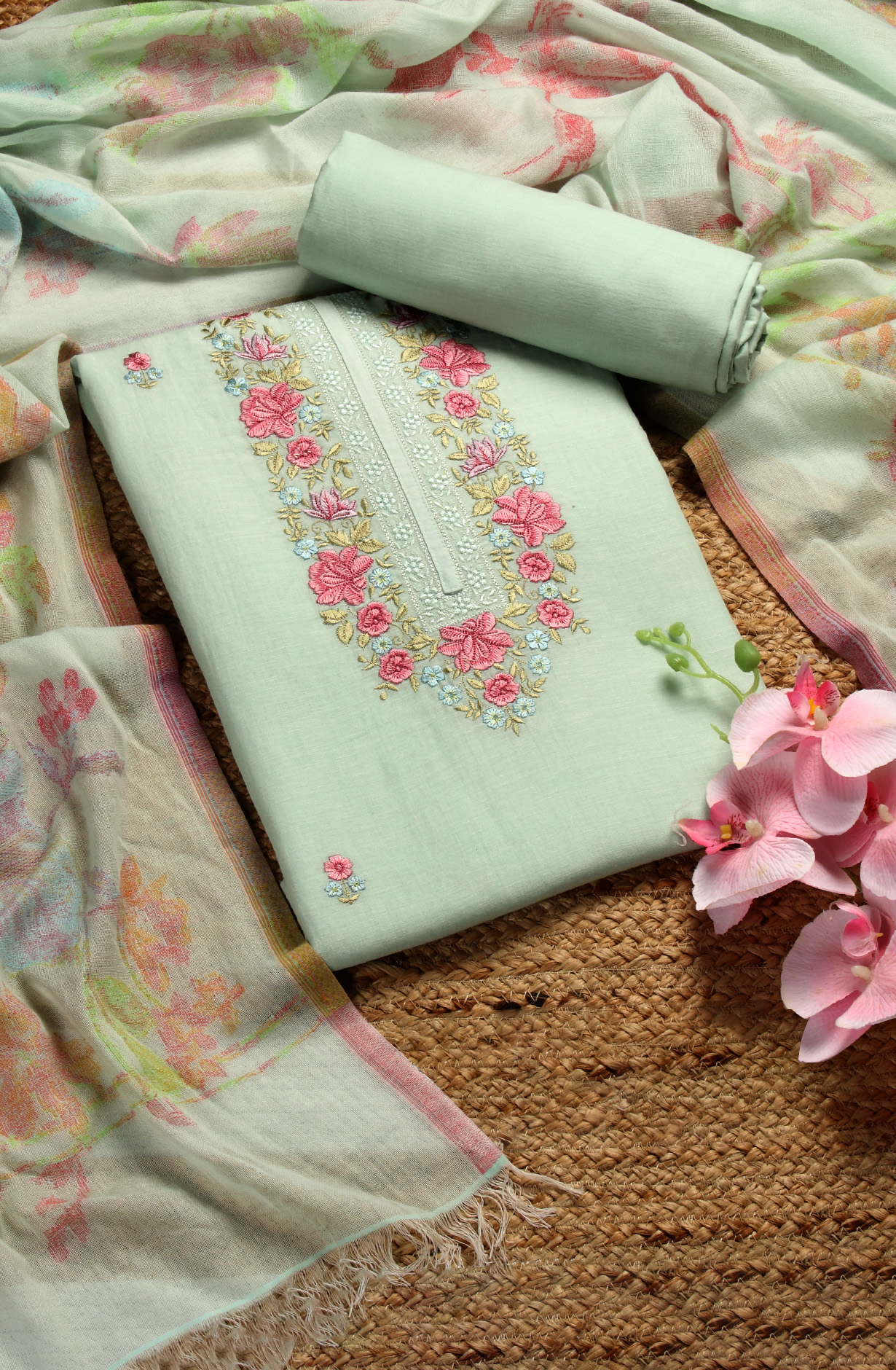 Sea Green Cotton Embroidered Salwar Kameez with Dupatta - R157-SPR1523B