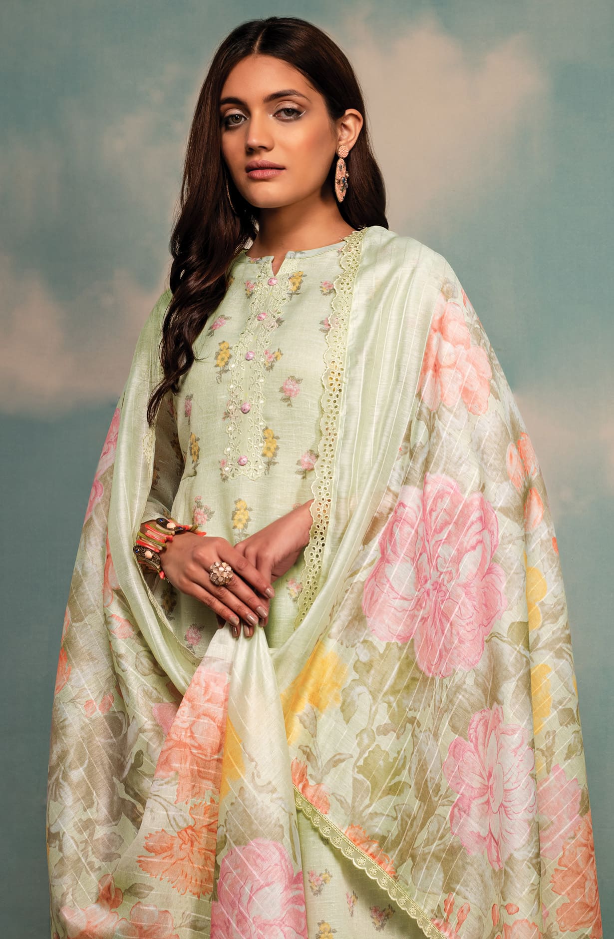 Pista Green Linen Exclusive Digital Printed with Embroidered Salwar Suit- DAI1730