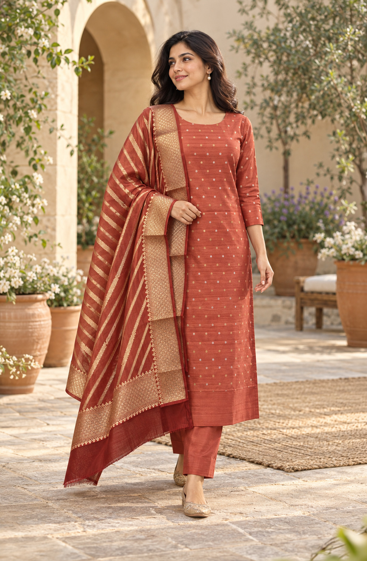 Rust Chanderi Silk Unstitched Suit-Set with Beautiful Dupatta - SVACHN1316-2F