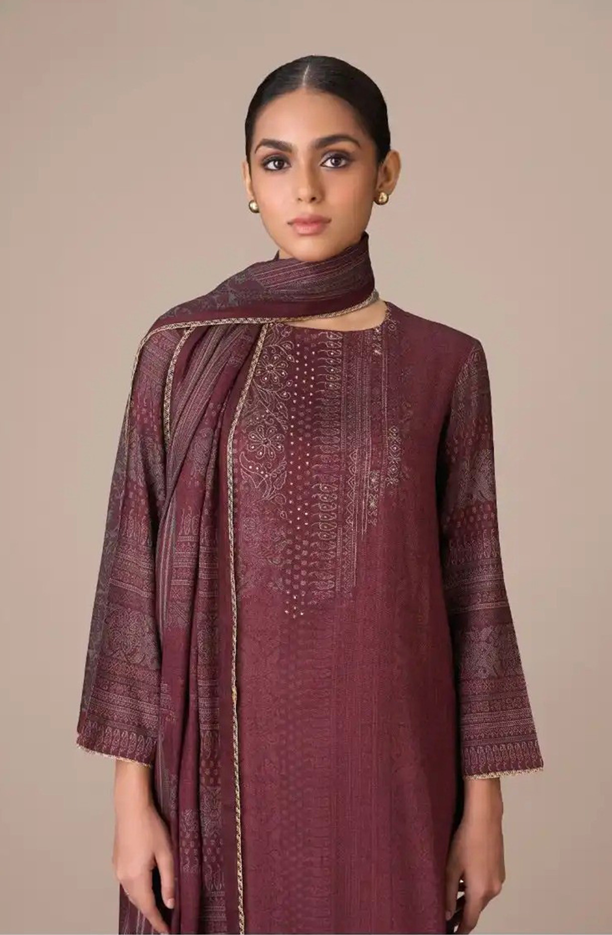 Wine Pashmina Digital Printed Suit with Dupatta - CLA8661B