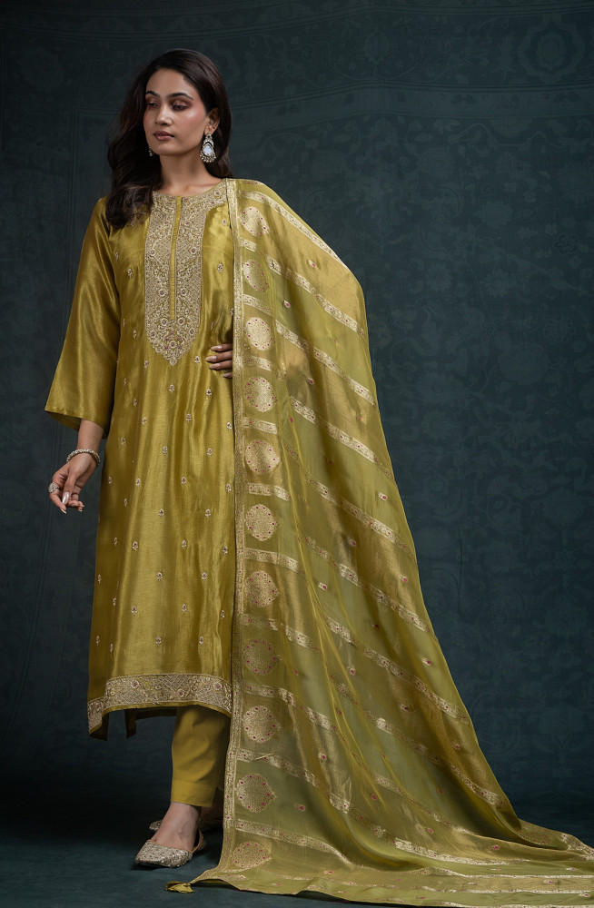 Image of Yellow Fine Silk Unstitched Suit with Beautiful Dupatta- R157-SPR2789A
