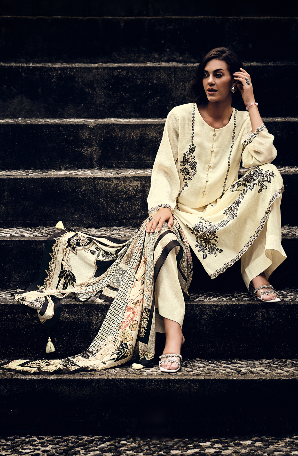 Cream Beautiful Georgette Embroidered Suit with Chiffon Dupatta - RAMY02