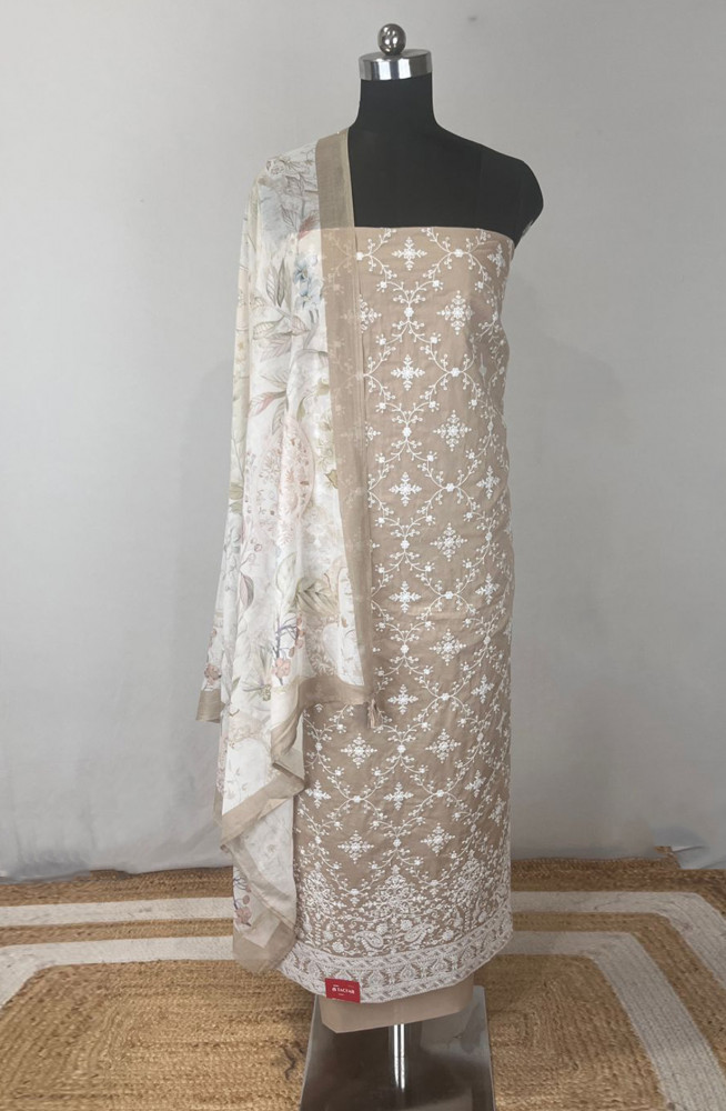 Image of Fawn Embroidered Beautiful Cotton Unstitched suit set with dupatta- VARV82D