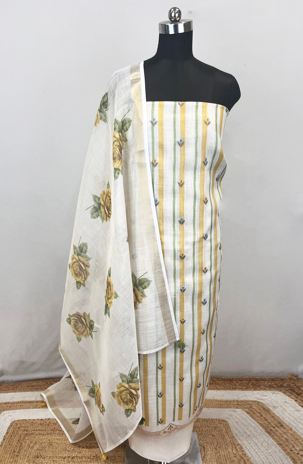 Yellow Linen printed Unstitched Suit Set with Dupatta - 811-S151-2261A