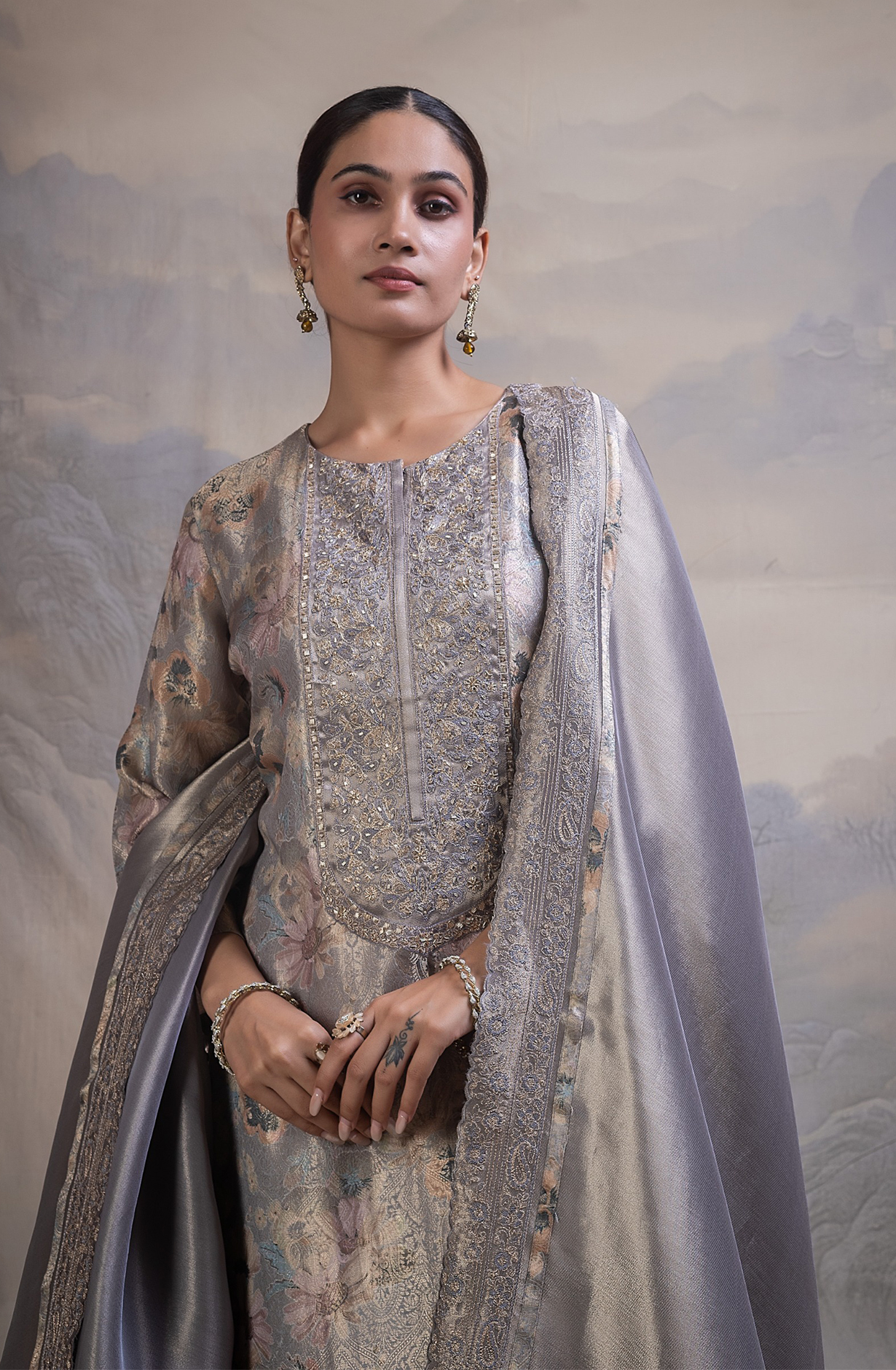 Grey Silk Jacquard Unstitched Suit with Beautiful Ziraf Silk Dupatta- R157-SPR2865