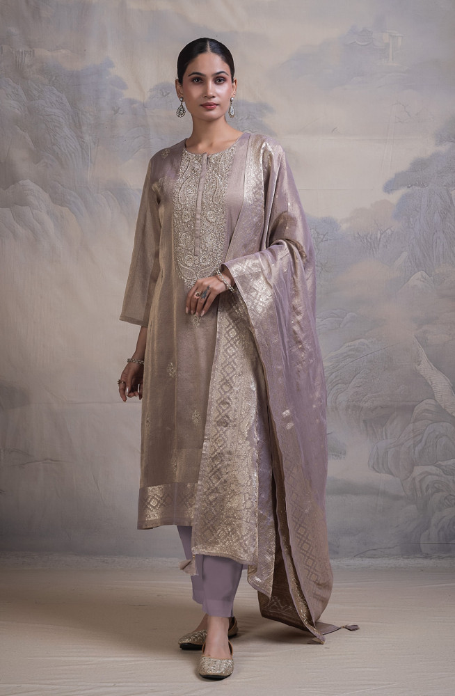 Image of Pink Tissue Silk Jacquard Unstitched Suit with Beautiful Silk Dupatta- R157-SPR2856