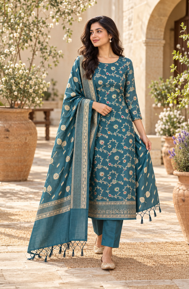 Image of Blue Chanderi Silk Unstitched Suit-Set with Beautiful Dupatta - SVACHN1301B
