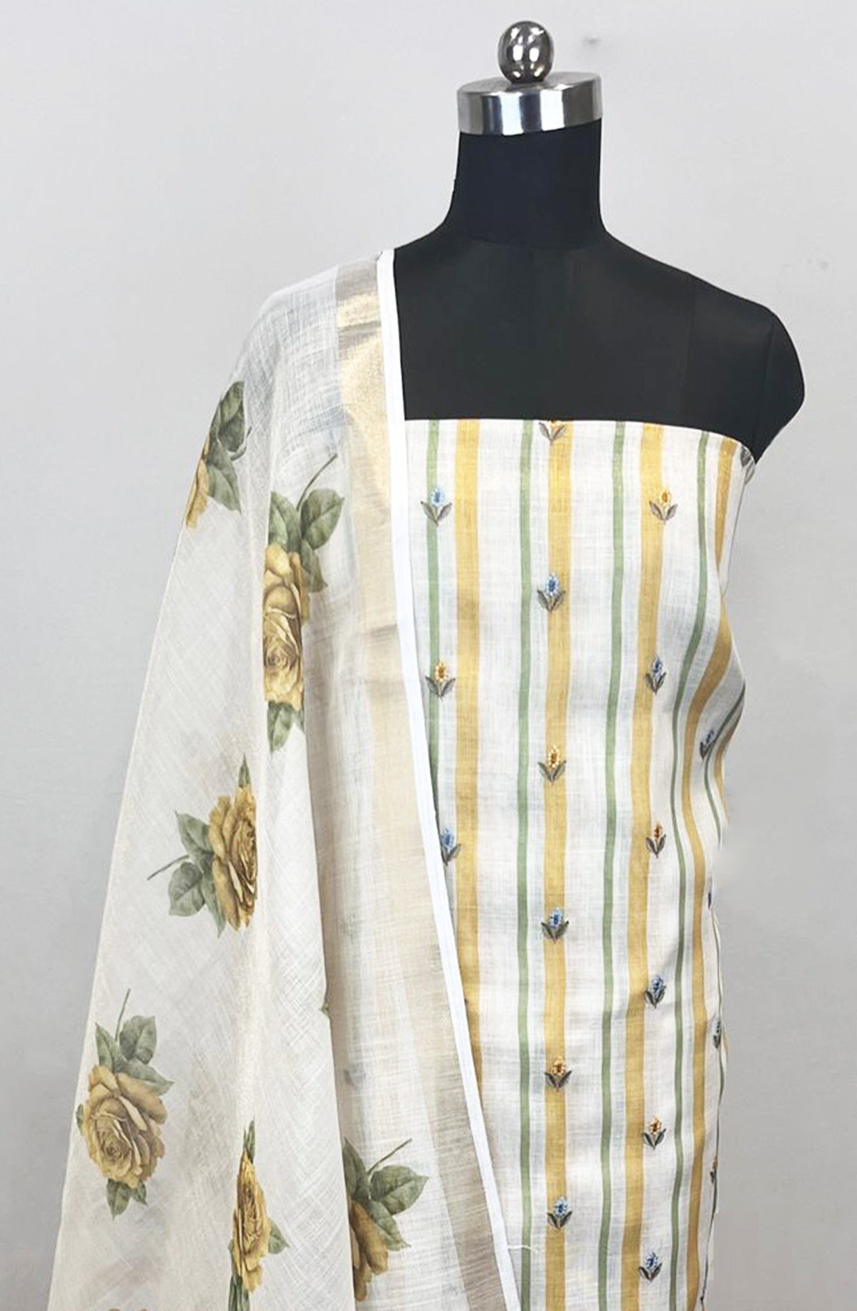 Yellow Linen printed Unstitched Suit Set with Dupatta - 811-S151-2261A