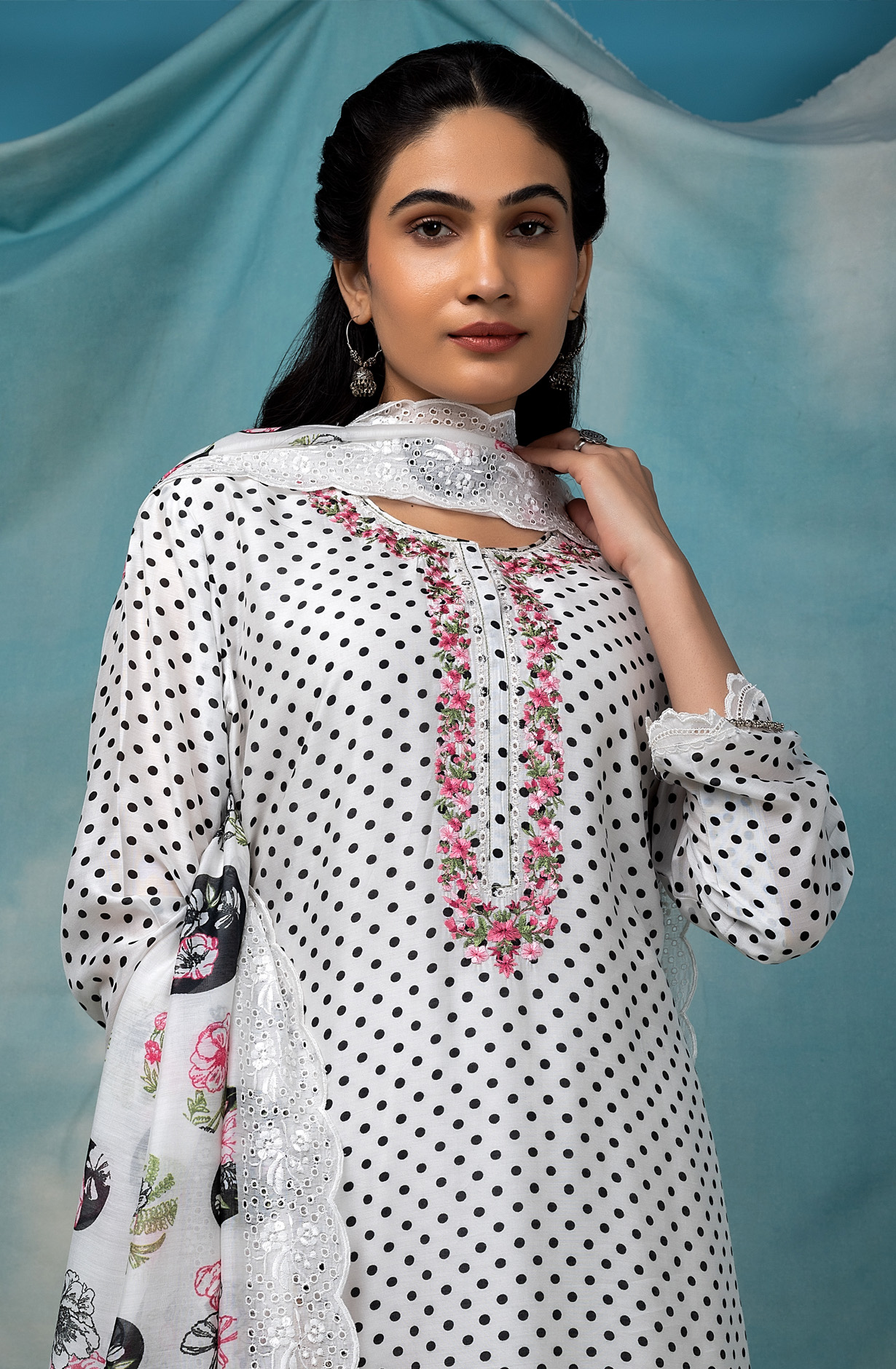 White and Black Muslin Beautiful Digital Printed Salwar Kameez - LAC1865A