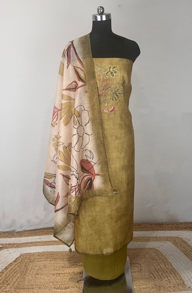 Image of Mehndi Chanderi Unstitched suit set with dupatta- 986-VTA154