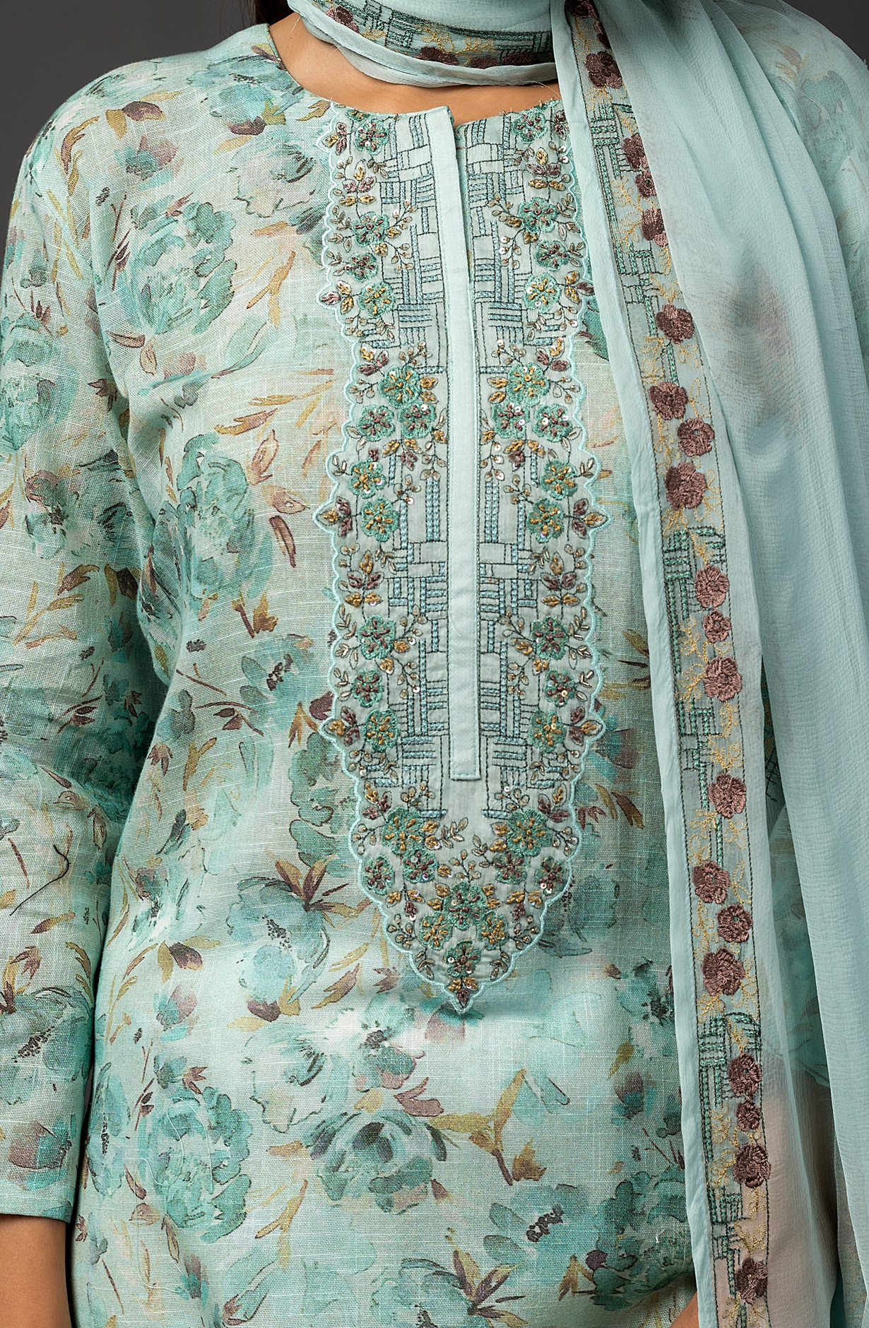Sea Green Linen Digital Printed Salwar Suit with Chiffon Dupatta - R157-SPR1455A