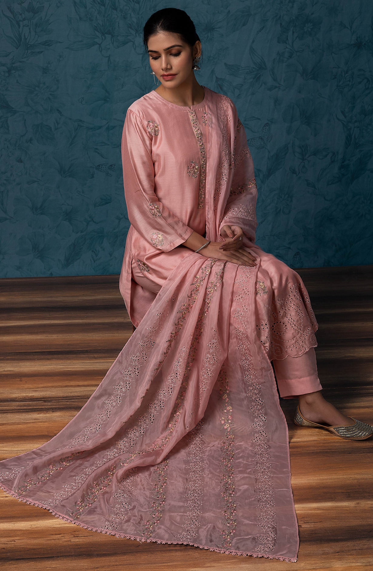 Pink Beautiful Muslin Embroidered Salwar Kameez with Organza Dupatta - GAR1870C