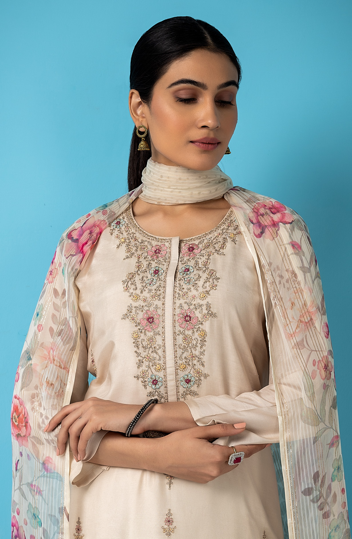 Beige Designer Muslin Salwar Suit with Chiffon Dupatta - R157-SPR1483