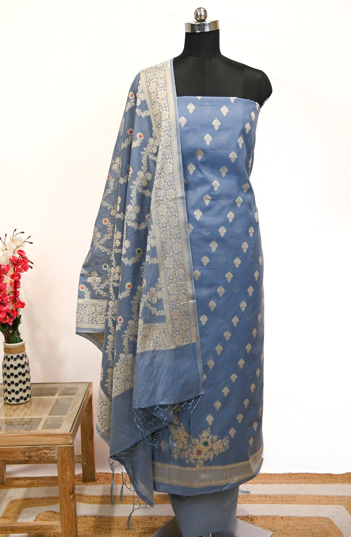 Light Blue Chanderi Suit Set with Dupatta - 1021-MNGKHC-1E