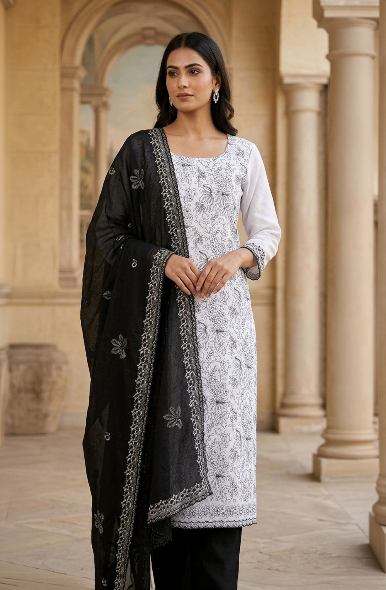 White Cotton Suit Set with Beautiful Dupatta - 1020-5322A