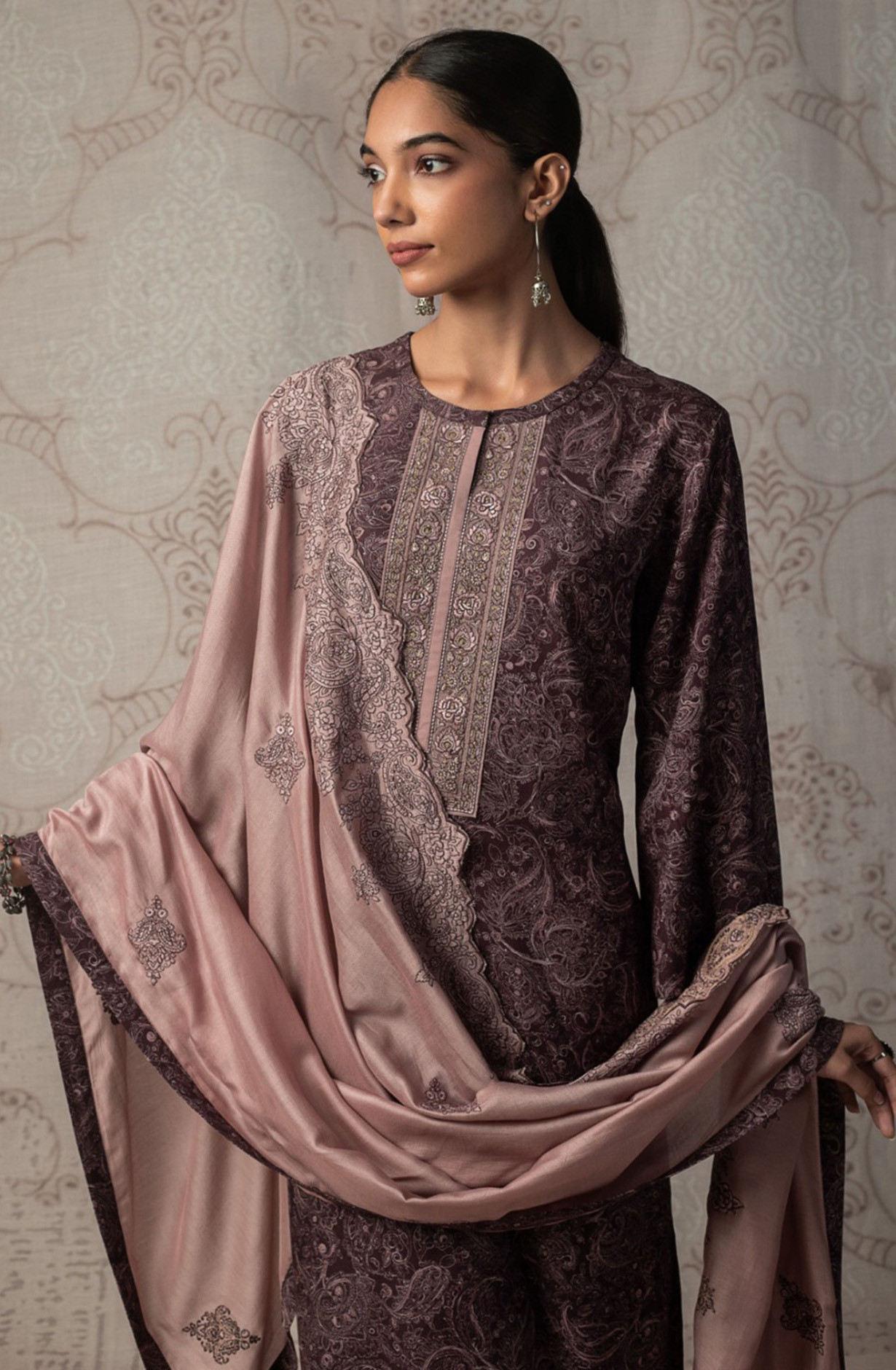 Brown Pashmina Suit Set with Pashmina Dupatta - R157-SPR2482B