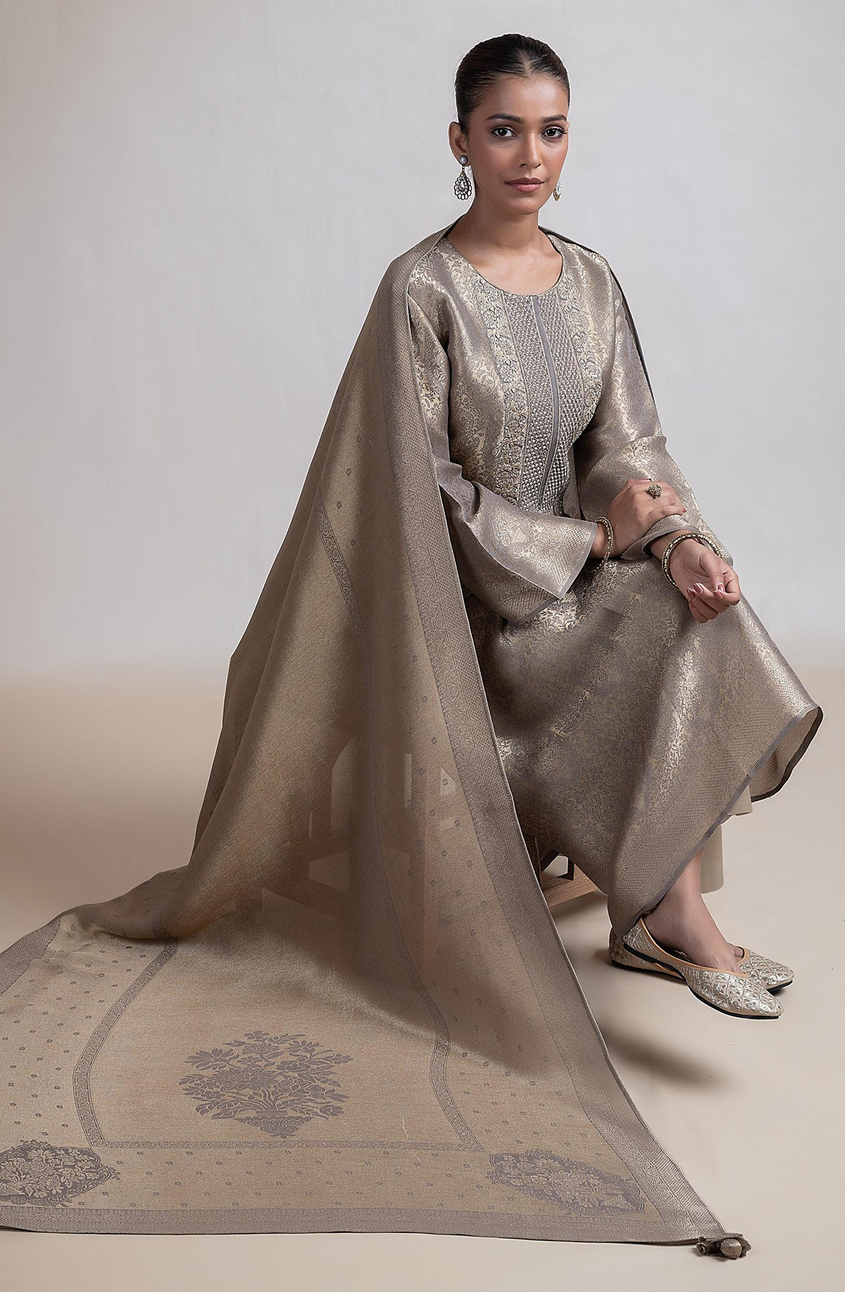 Gold Tissue Silk Jacquard Suit Set with Beautiful Dupatta - R157-SPR2387A