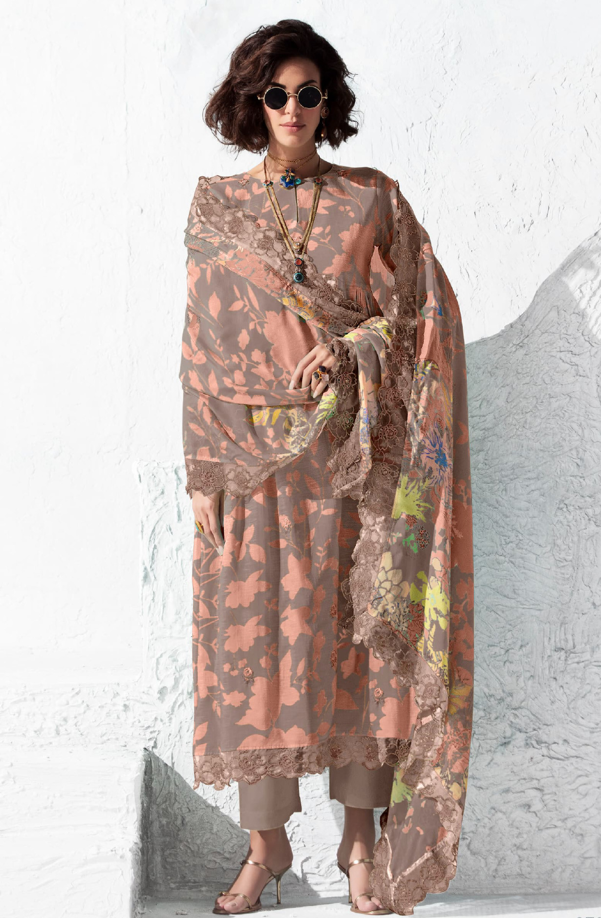 Brown Pure Muslin Suit set with Dupatta- ICO9764