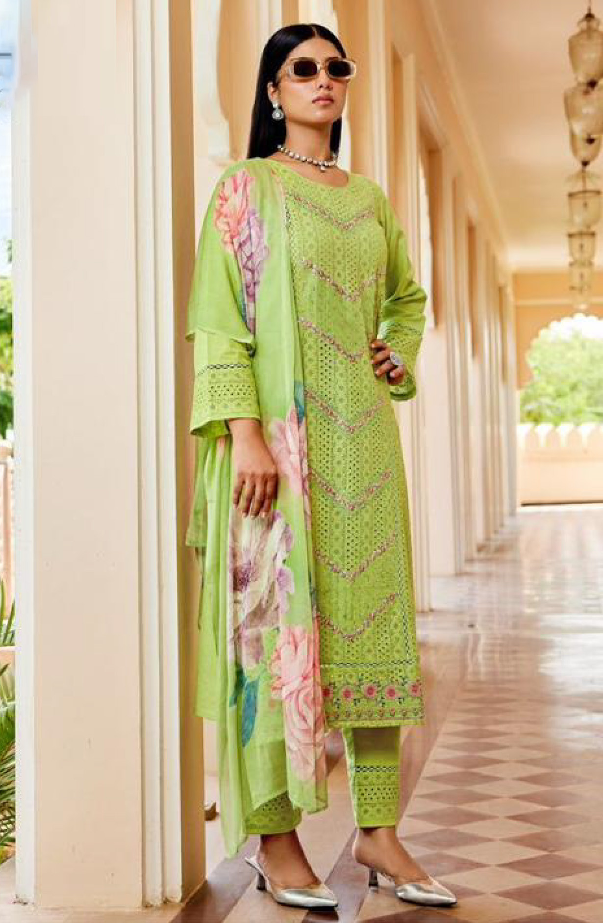Pista Pure Cambric Cotton Suit Set with Dupatta- SHA15900