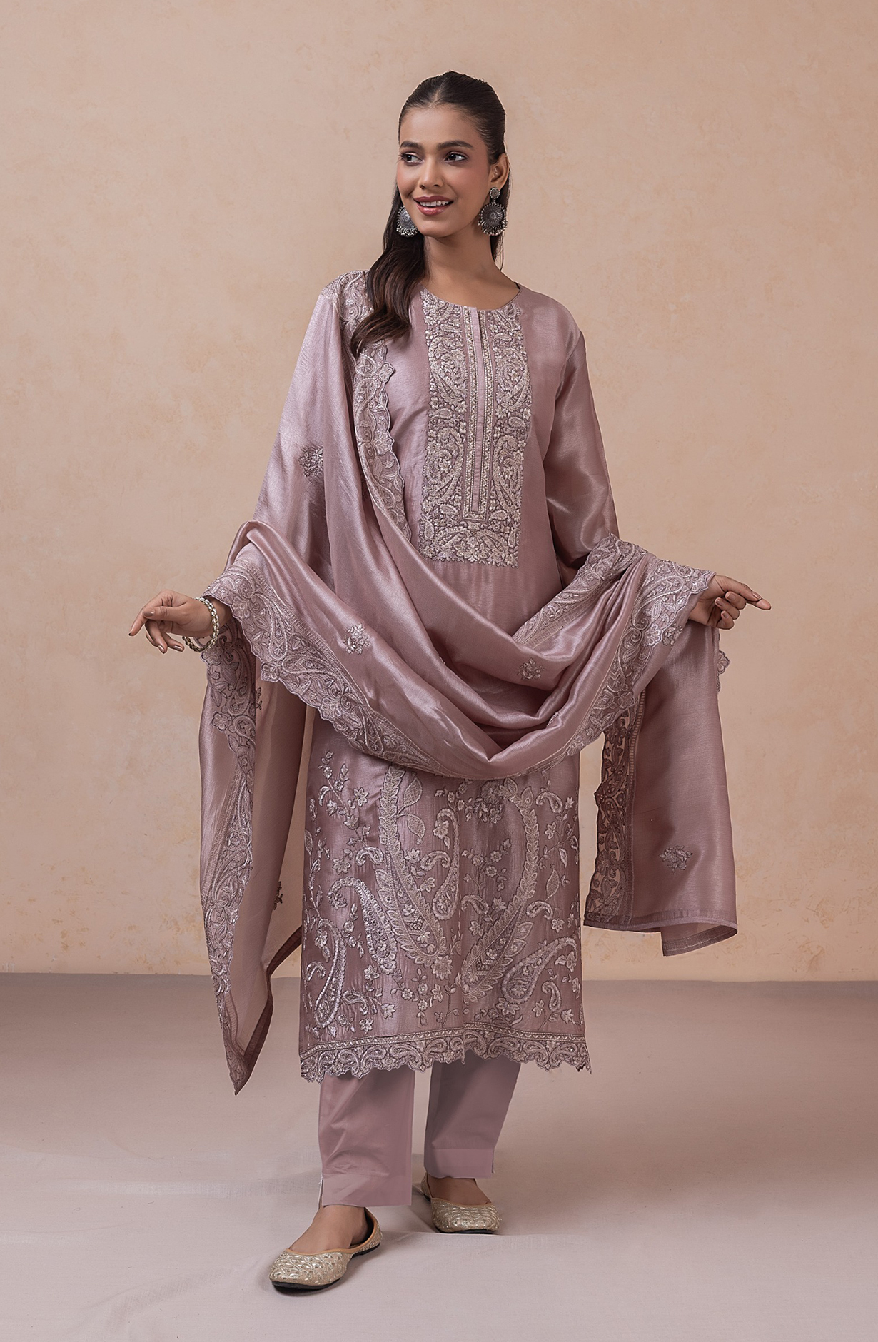 Peach Embroidered Silk Unstitched Suit Set with Dupatta - R157-SPR2778