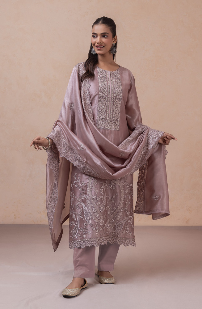 Image of Peach Embroidered Silk Unstitched Suit Set with Dupatta - R157-SPR2778