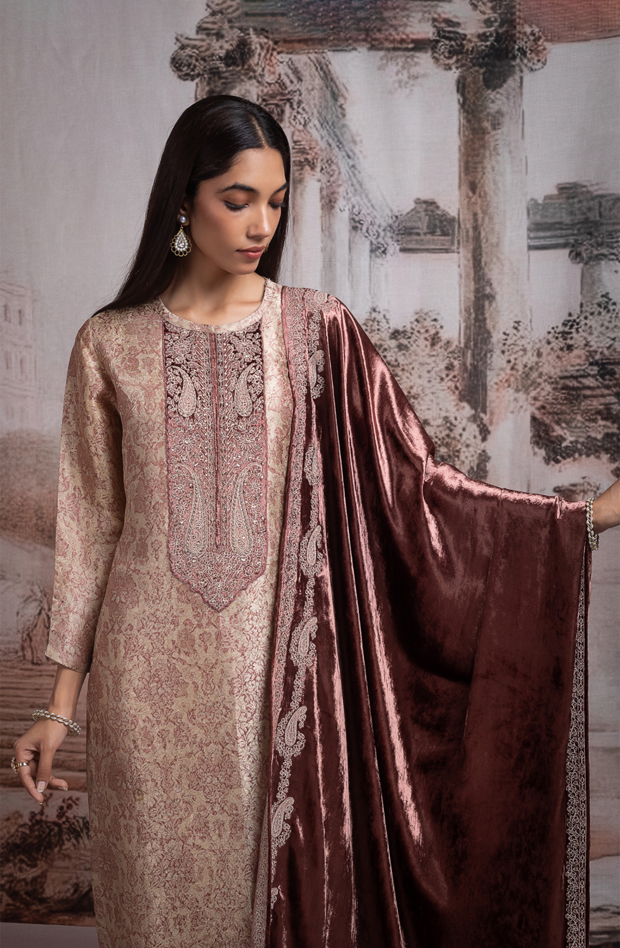 Wine Pashmina Suit set with Pashmina Dupatta - YOR2065B