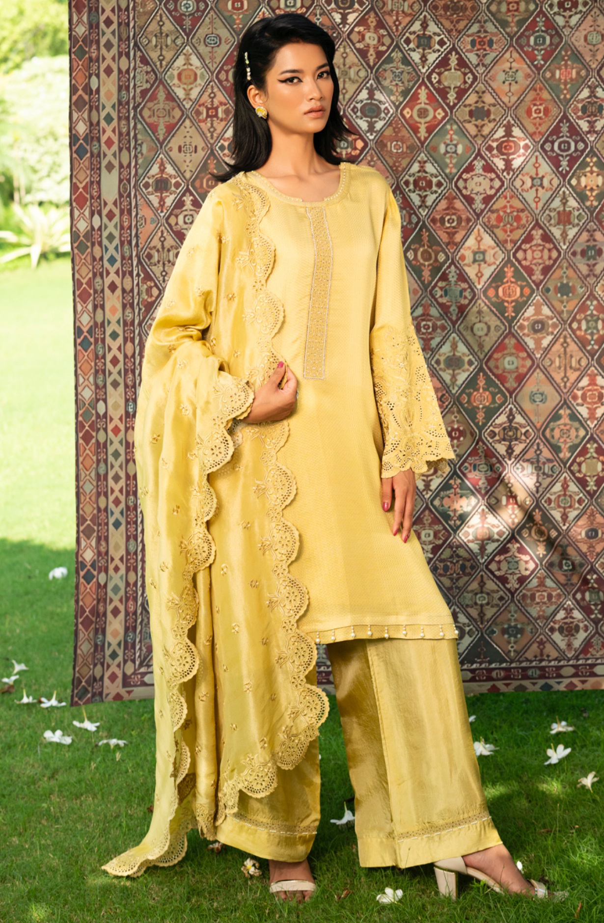 Yellow Silk Jacquard Suit Set with Tissue Dupatta - ITSST2001B