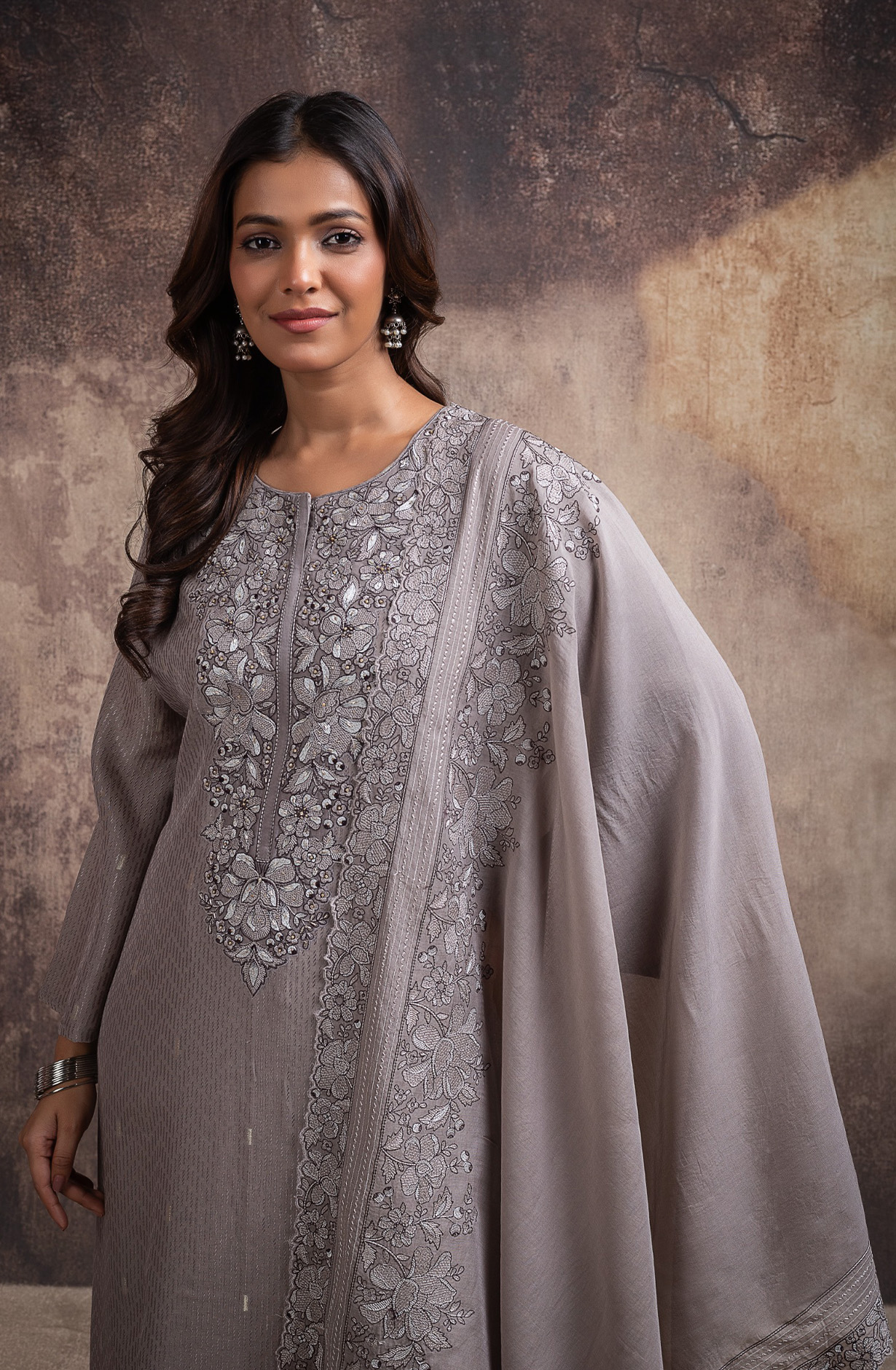 Grey Chanderi silk jacquard beautiful Suit Set with Dupatta - R157-SPR2698