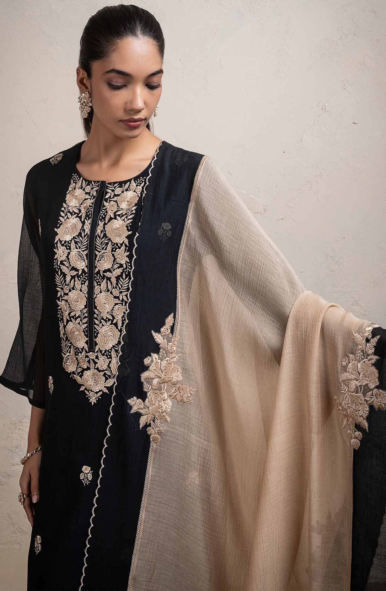 Black Pure mul chanderi embroidered Suit Set with Dupatta - R157-SPR2704A