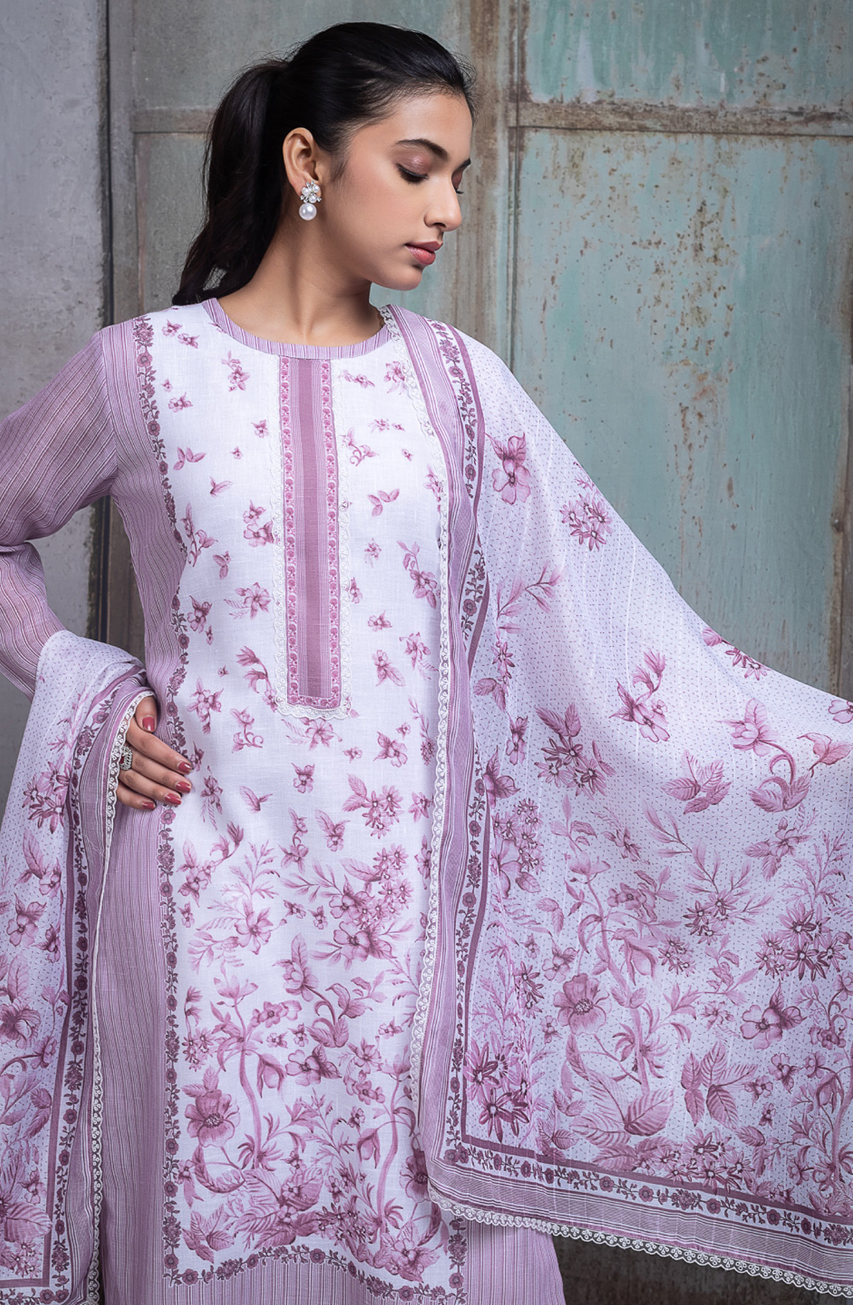 Mauve Linen Digital Printed Unstitched Suit Set with Dupatta - AMRNSP105B