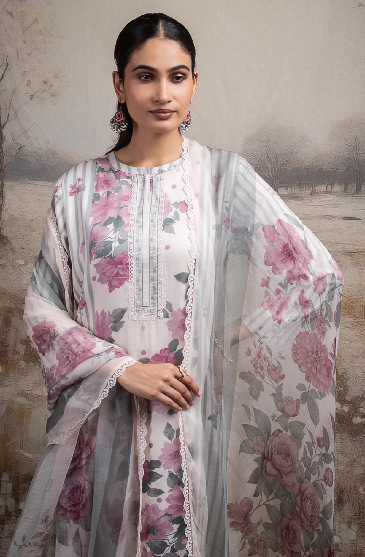 Wine cotton Unstitched Suit Set with Dupatta - RISNT117C