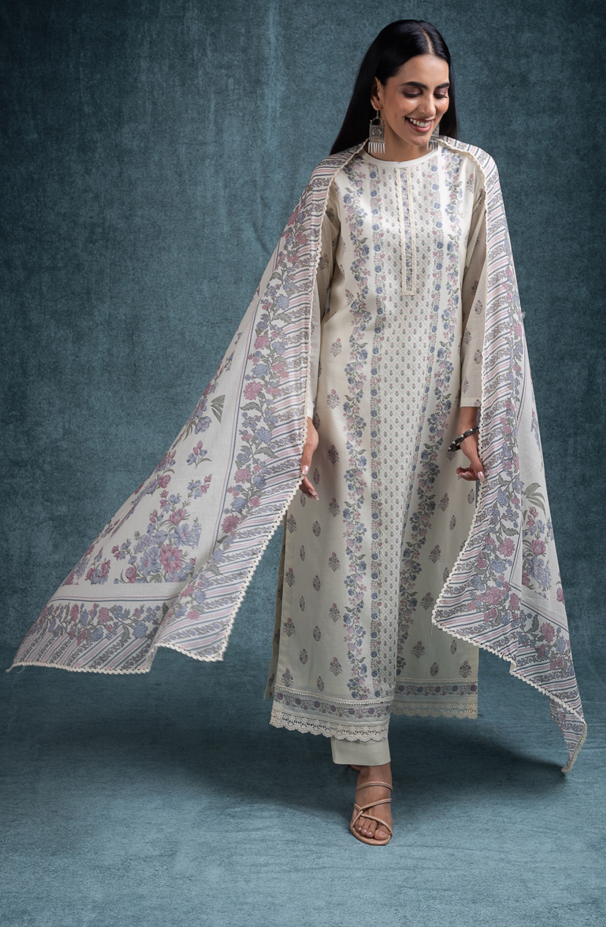 Cream Pure cotton lawn Unstitched Suit Set with Dupatta - SANNT185A