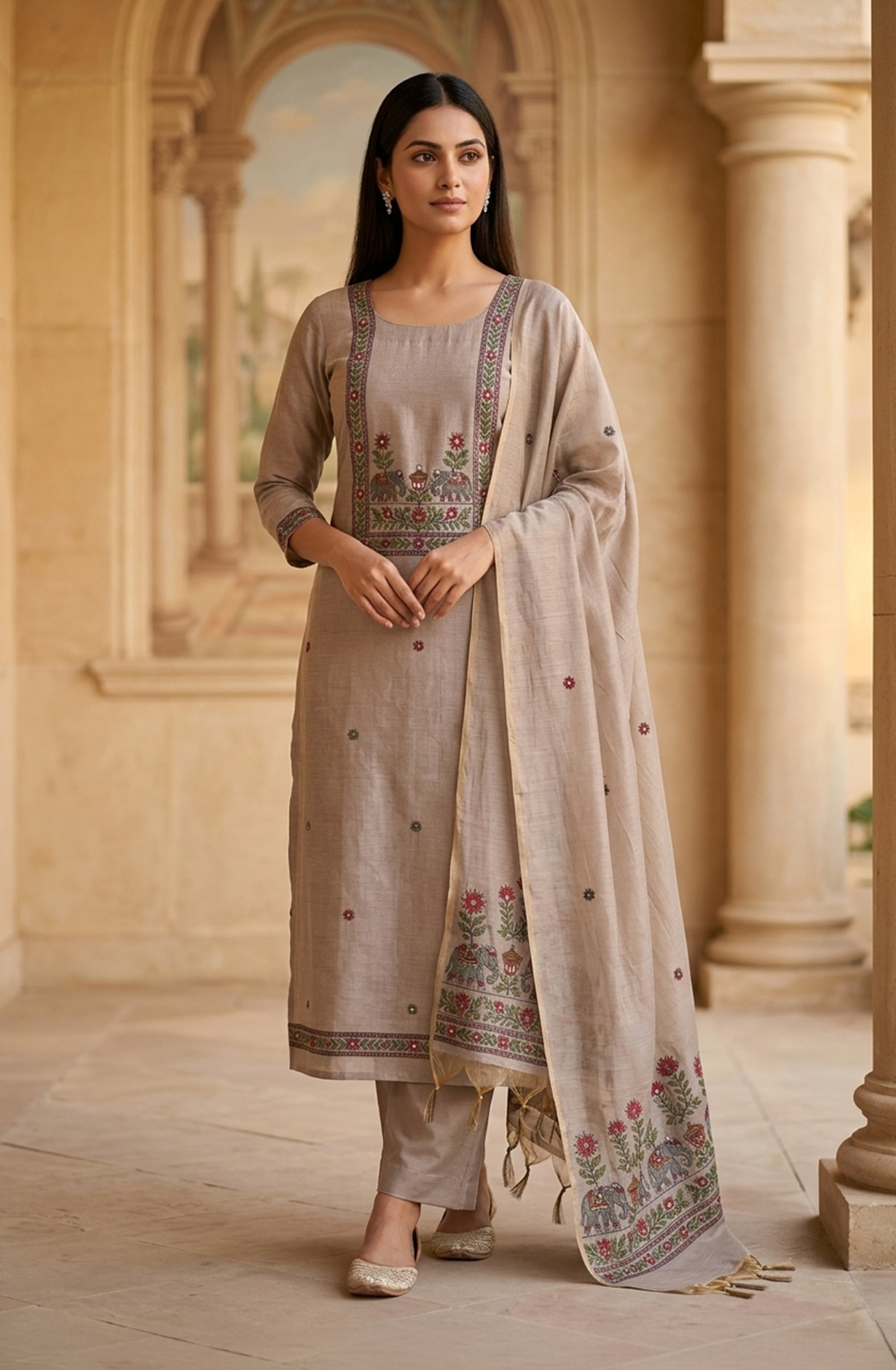 Grey Chanderi Unstitched Suit Set with Beautiful Dupatta - 986-VTA99C