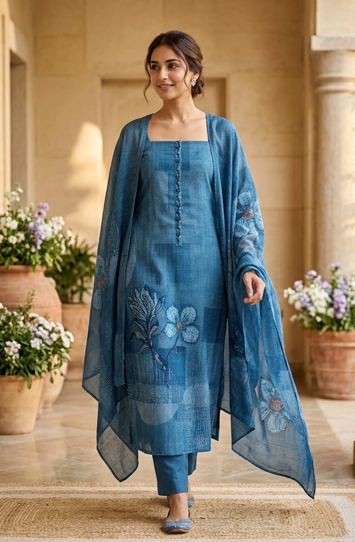 Blue Cotton Unstitched Suit Set with Beautiful Dupatta - 984-AHFM145