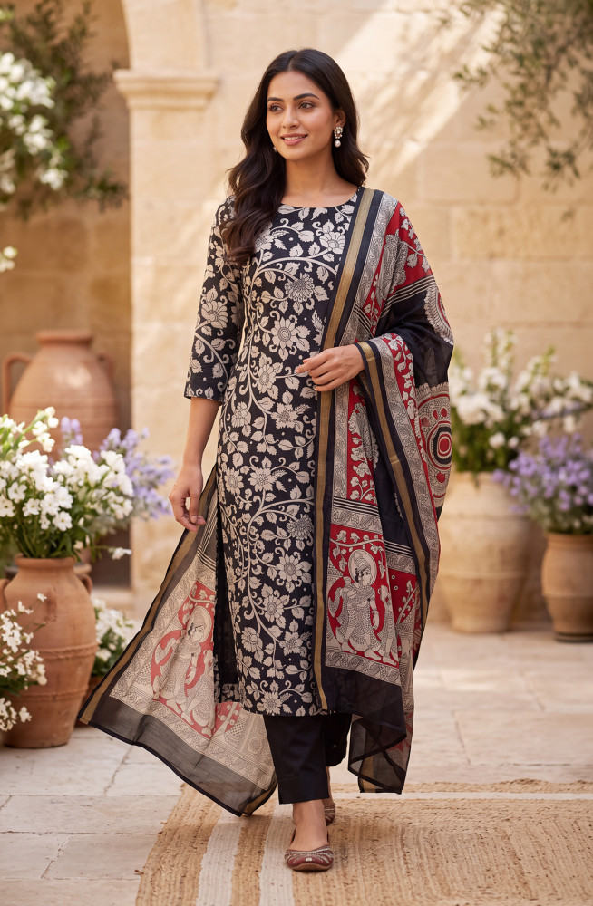 Image of Black Maheshwari Unstitched Suit-Set with Beautiful Dupatta - 1020-6766A