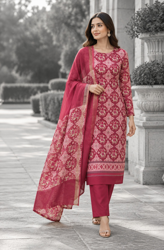 Image of Mehroon Maheshwari Unstitched Suit-Set with Dupatta - 811-S151-445-164D