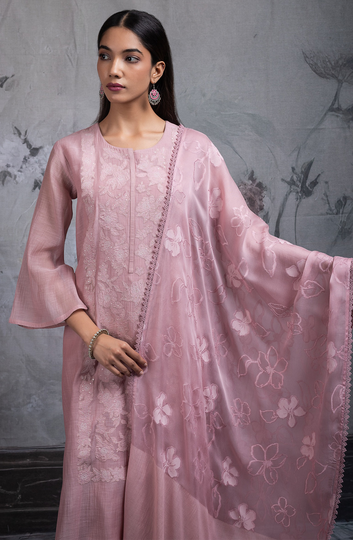 Peach Pure mul chanderi embroidered Suit Set with Dupatta - R157-SPR2701
