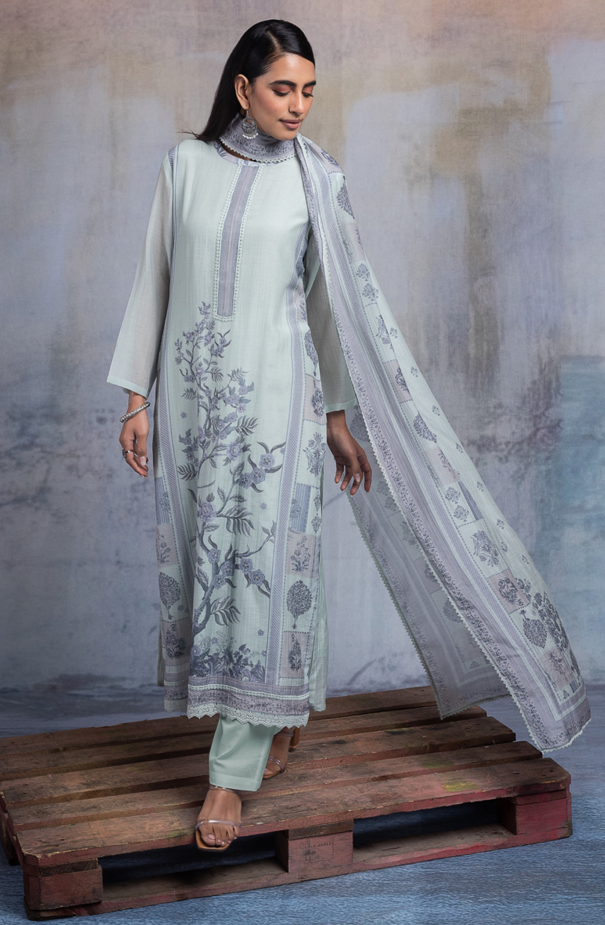 Green Pure mulchanderi Unstitched Suit Set with Dupatta - SHAKNT119A