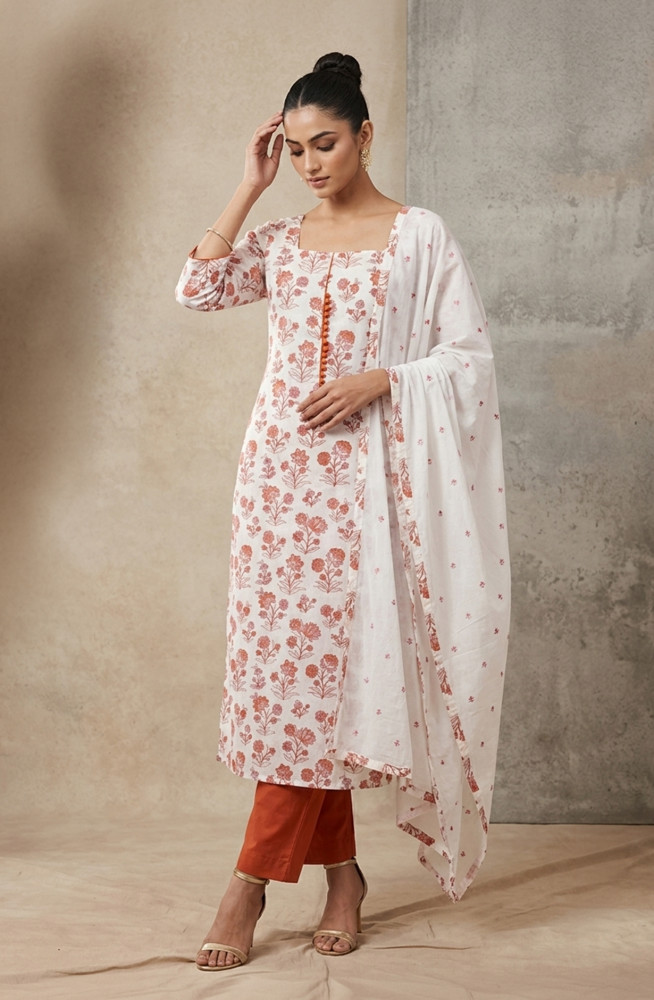 Image of Orange Cotton Unstitched Suit Set with Dupatta - 1029-3815A