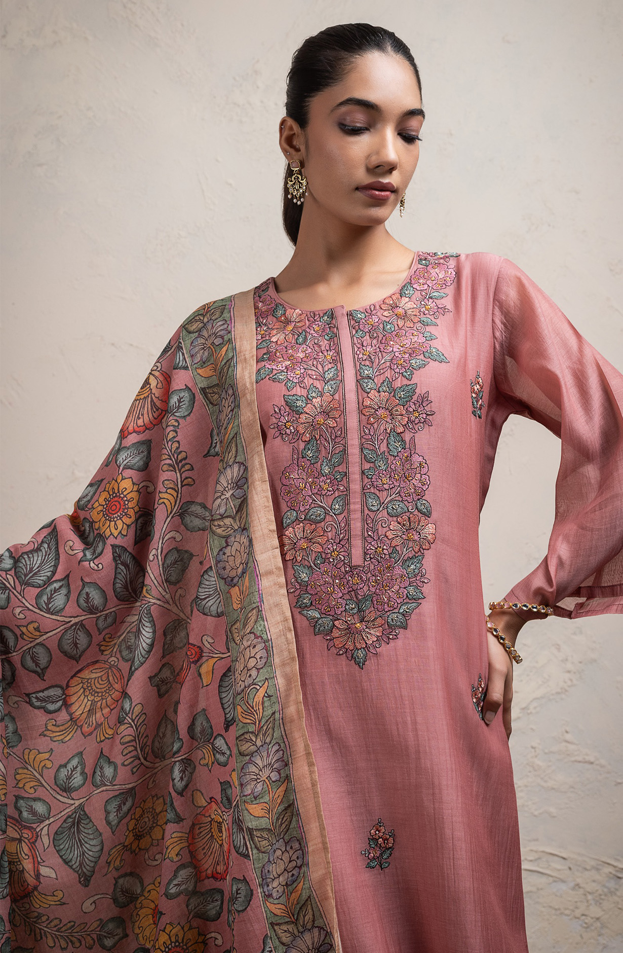 Peach Mul Chanderi embroidered Suit Set with Dupatta - R157-SPR2709A