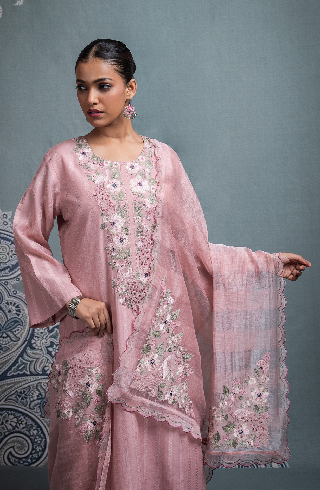 Pink Mul Chanderi Jacquard embroidered Suit Set with Dupatta - R157-SPR2694A