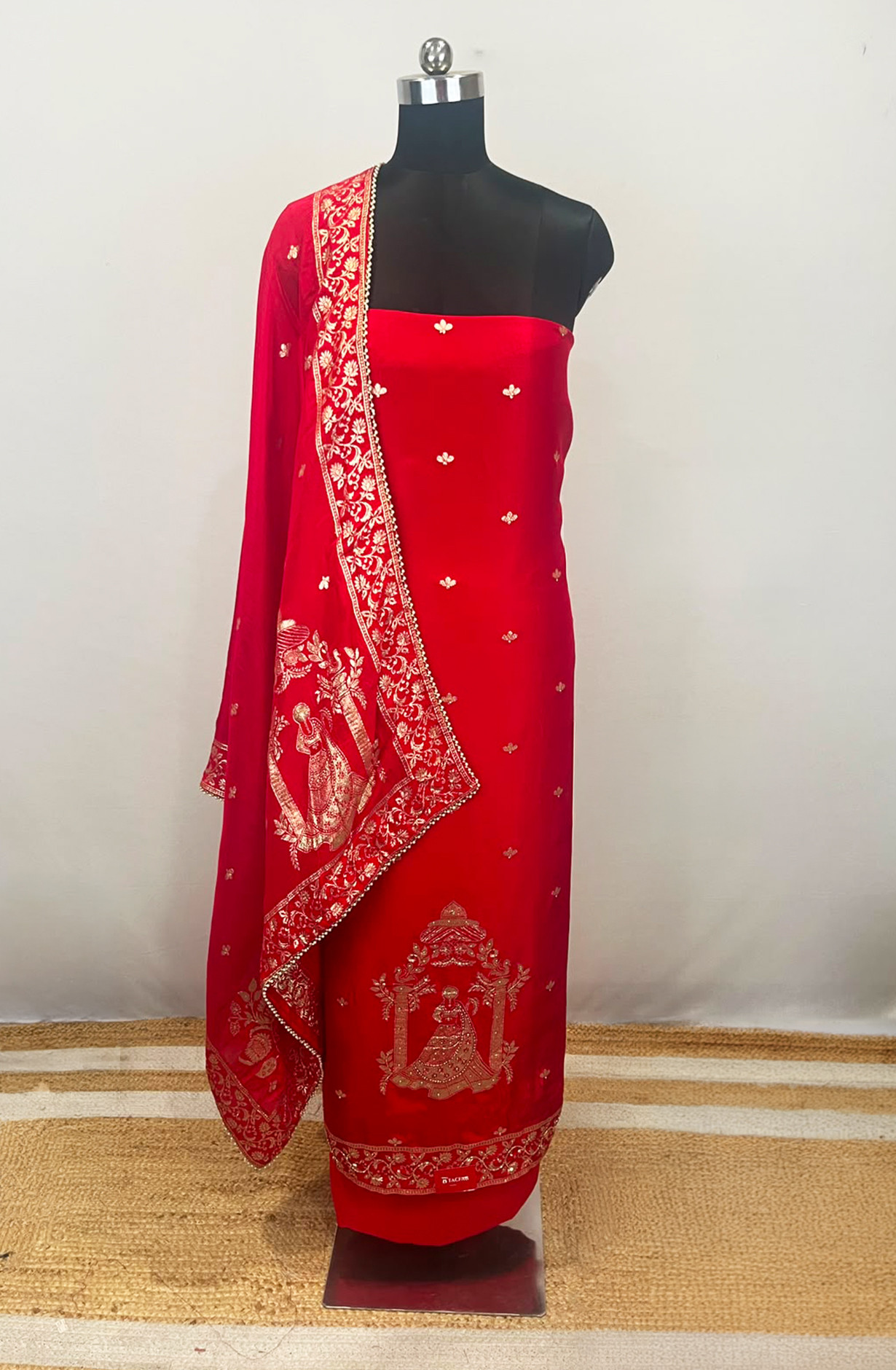 Red Silk Unstitched Suit Set with Beautiful Dupatta - 693-JFJ944A