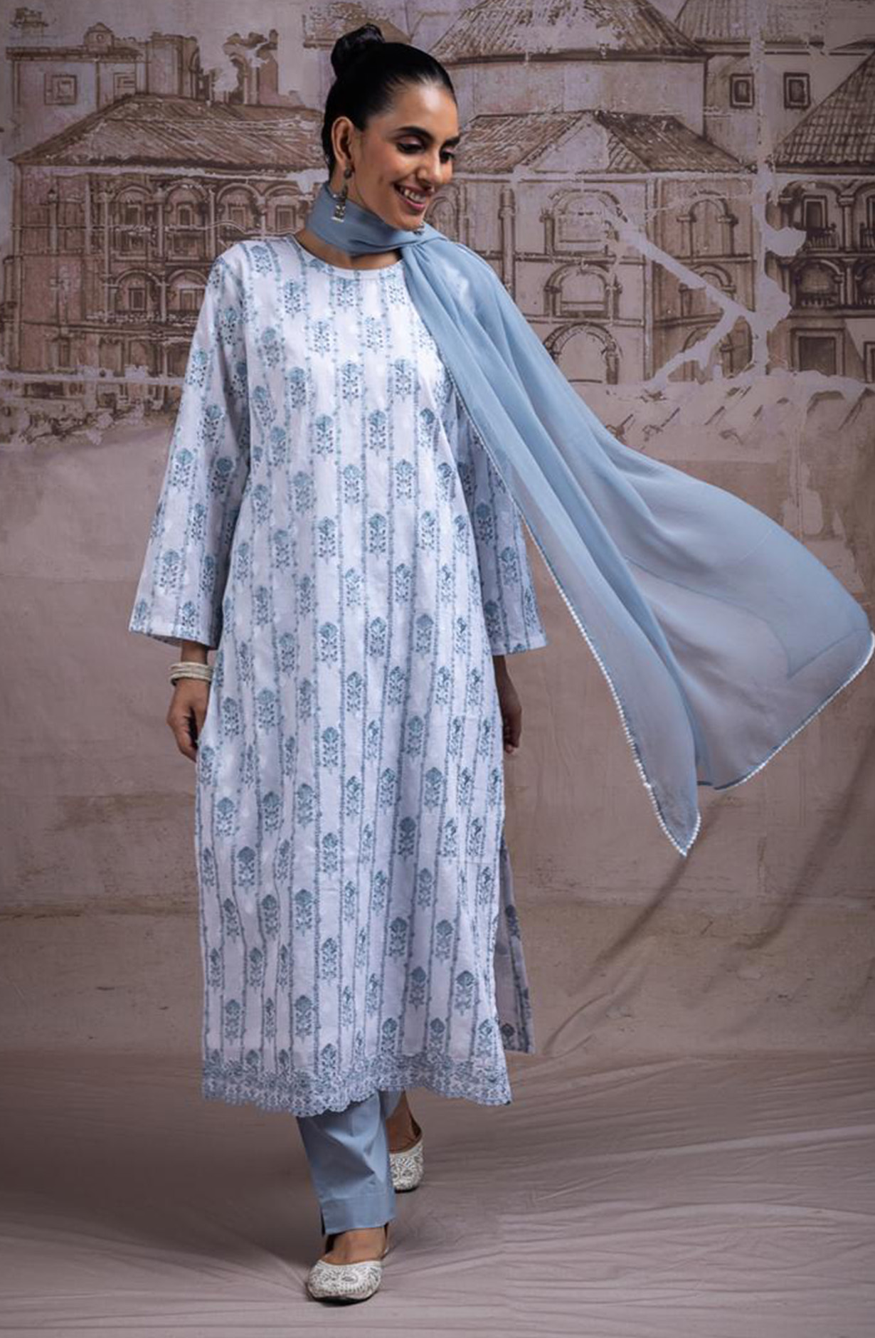 Blue Pure Cotton Beautiful Suit Set with Dupatta - SAH1002B