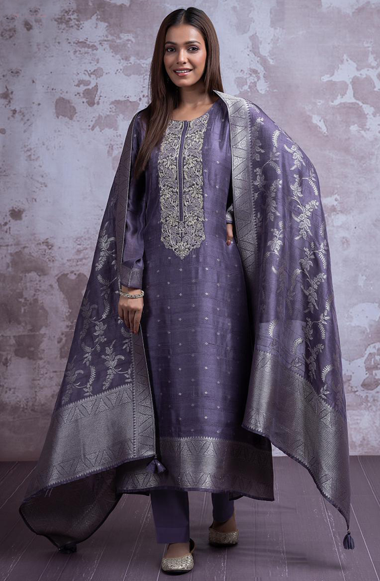 Purple silk Jacquard Suit Set with Dupatta - R157-SPR2355B