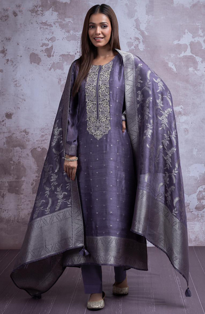 Image of Purple silk Jacquard Suit Set with Dupatta - R157-SPR2355B