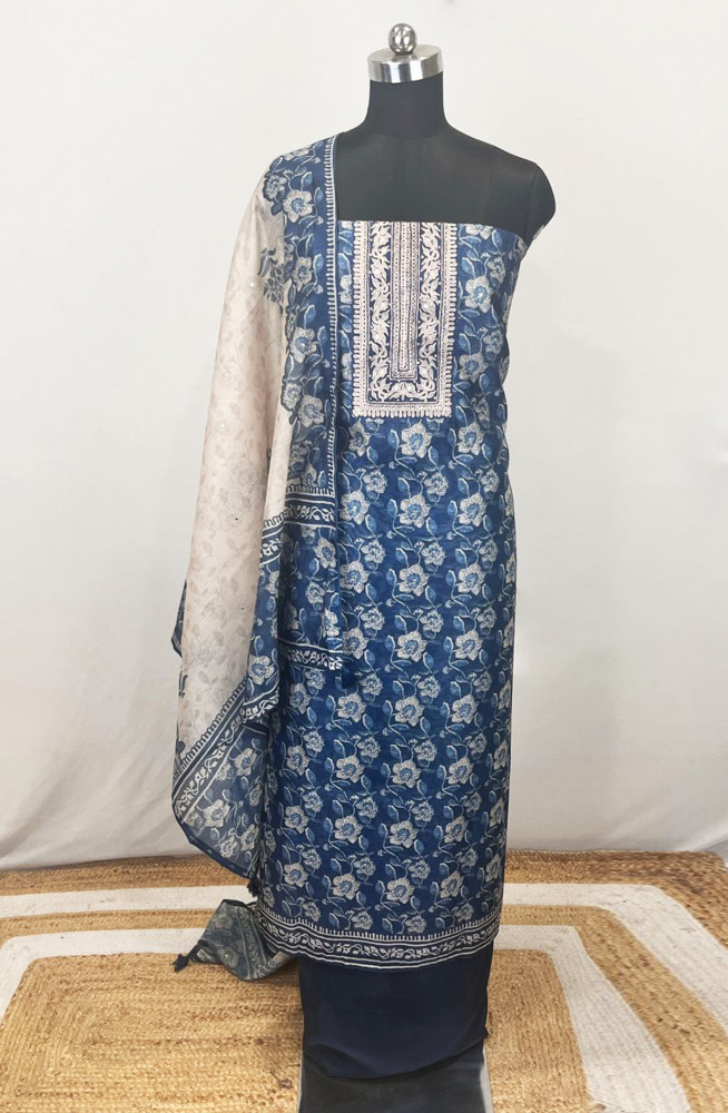 Image of Blue printed Chanderi Beautiful Suit Set with Dupatta - 131-KE5476