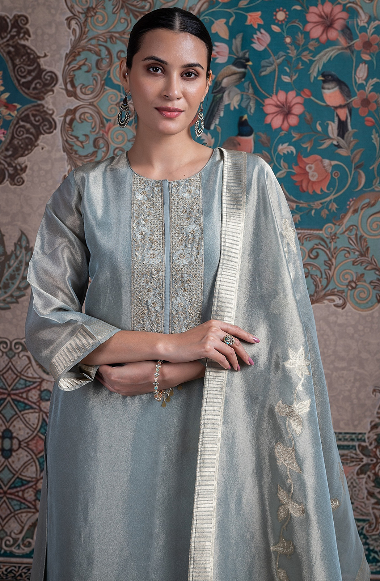 Grey silk tissue Jacquard Suit Set with Dupatta - R157-SPR2357B